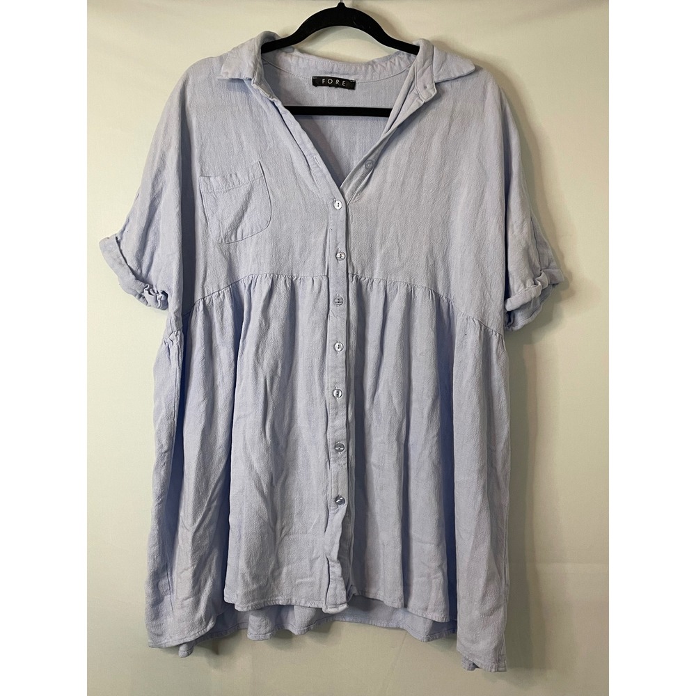 FORE Linen Blend Button Down Shirt‎ Blue Short Sleeve Oversized Tunic